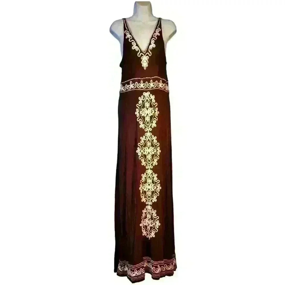 CHOCOLATE BROWN Womans MAXI Dress Rhinestone Embroidery Accents TALL size Med - Picture 3 of 10